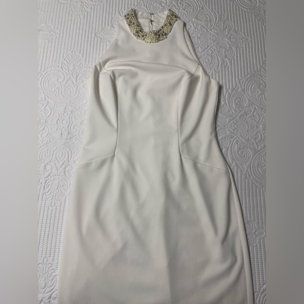 Sleeveless White Pearl-Trim Halter Dress